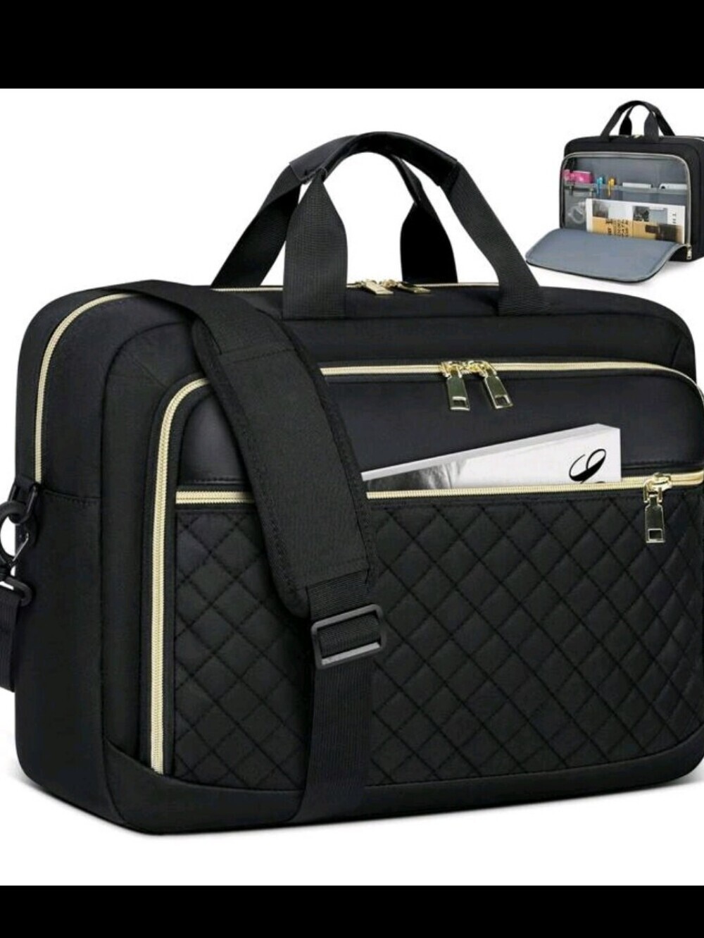 Black Quilted  Briefcase Bag with Gold Zippers